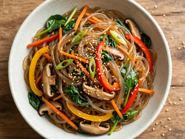 Japchae with glossy Korean glass noodles, vegetables, mushrooms, spinach and sesame seeds in a bowl.