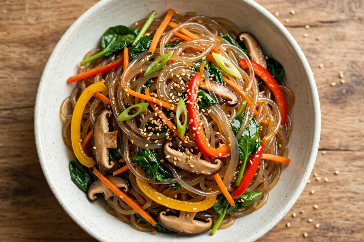 Japchae with glossy Korean glass noodles, vegetables, mushrooms, spinach and sesame seeds in a bowl.