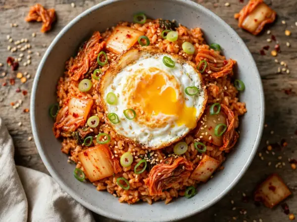 Korean kimchi fried rice topped with a fried egg, scallions and sesame seeds in a bowl.