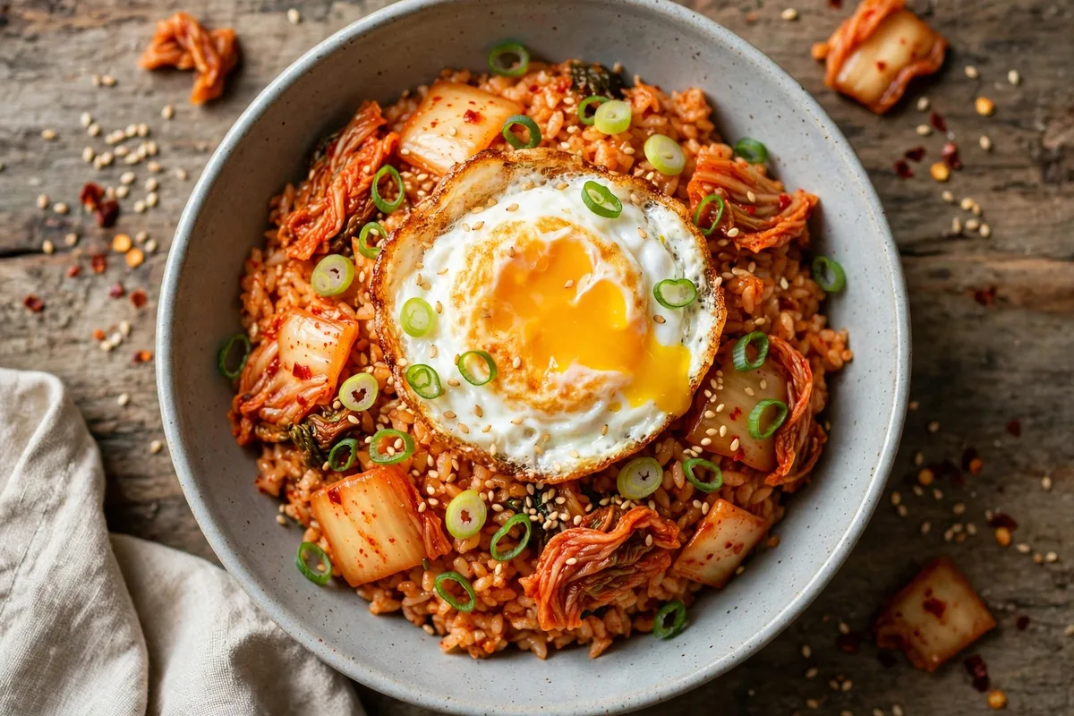 Korean kimchi fried rice topped with a fried egg, scallions and sesame seeds in a bowl.