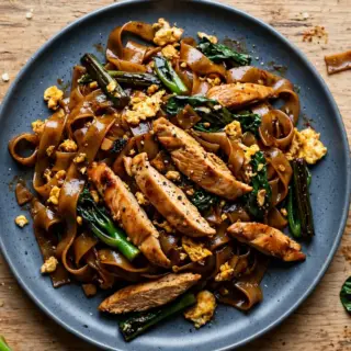 Thai chicken pad see ew with wide flat rice noodles, sliced chicken, Chinese broccoli and egg in dark soy sauce.