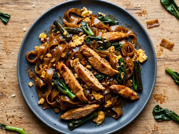 Thai chicken pad see ew with wide flat rice noodles, sliced chicken, Chinese broccoli and egg in dark soy sauce.