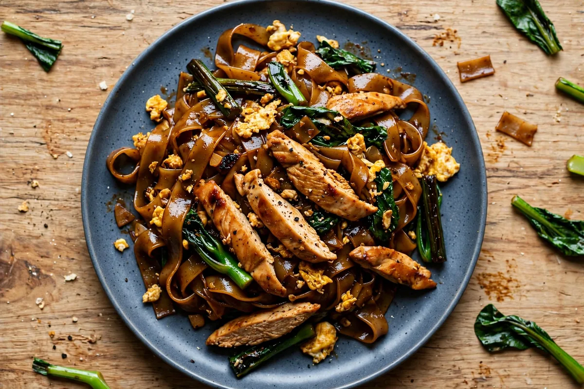 Thai chicken pad see ew with wide flat rice noodles, sliced chicken, Chinese broccoli and egg in dark soy sauce.