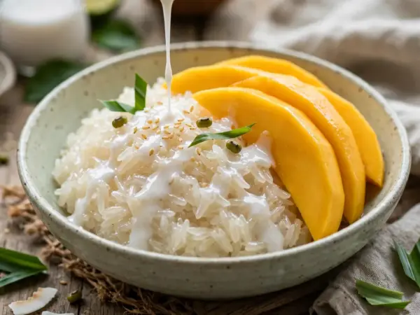 Thai mango sticky rice with glossy coconut rice, ripe mango slices, and a drizzle of coconut milk, served in a bowl.