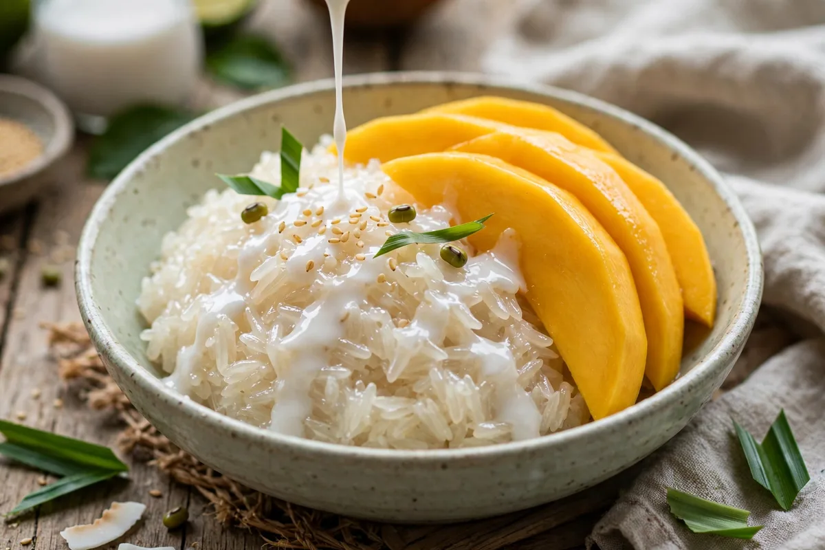 Thai mango sticky rice with glossy coconut rice, ripe mango slices, and a drizzle of coconut milk, served in a bowl.