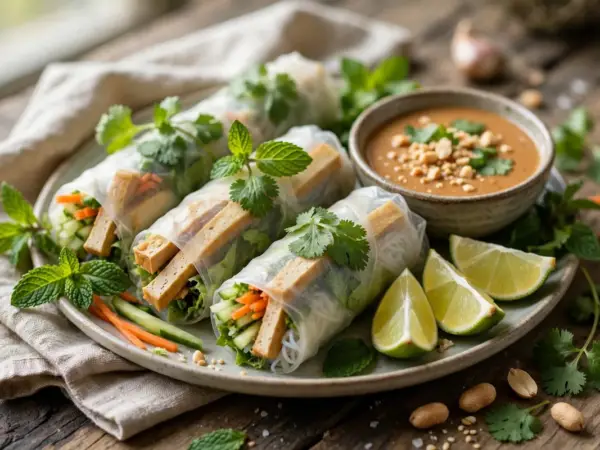Vietnamese fresh spring rolls with rice paper, herbs, and vegetables, served with peanut dipping sauce and lime wedges.