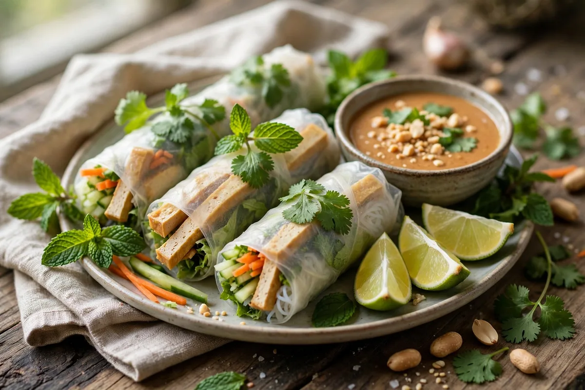 Vietnamese fresh spring rolls with rice paper, herbs, and vegetables, served with peanut dipping sauce and lime wedges.