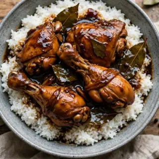Filipino chicken adobo with glossy soy and vinegar sauce and bay leaves, served over steamed rice.