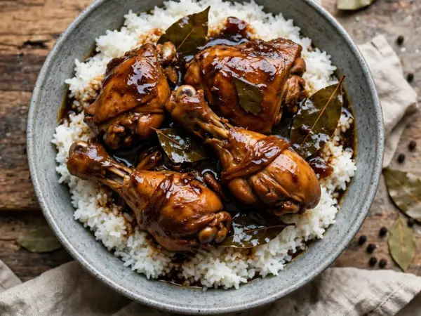 Filipino chicken adobo with glossy soy and vinegar sauce and bay leaves, served over steamed rice.