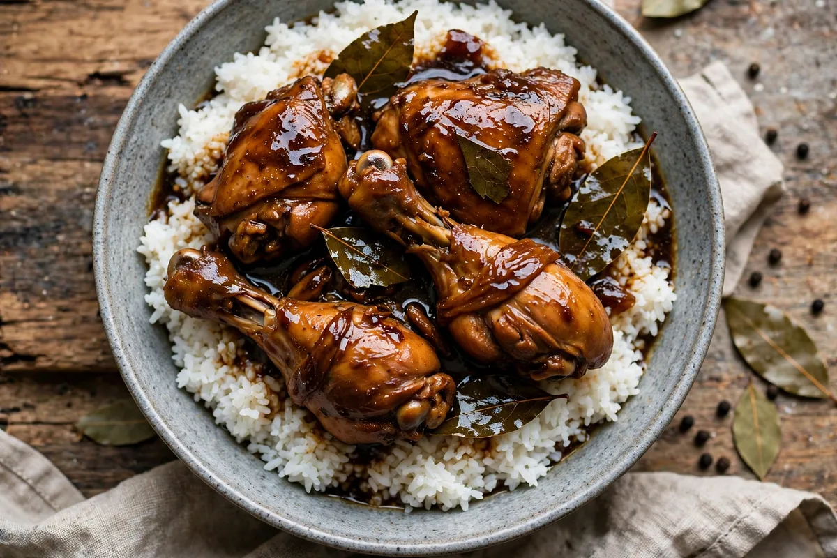 Filipino chicken adobo with glossy soy and vinegar sauce and bay leaves, served over steamed rice.