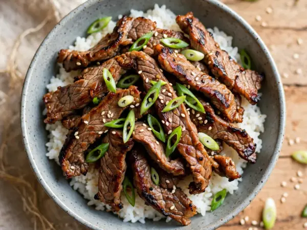 Korean beef bulgogi with grilled marinated beef slices, scallions and sesame seeds, served over steamed rice.