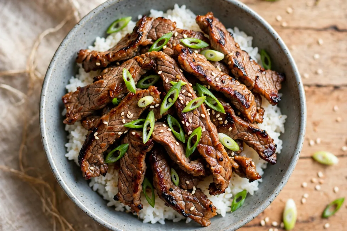 Korean beef bulgogi with grilled marinated beef slices, scallions and sesame seeds, served over steamed rice.