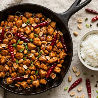 Kung pao chicken with peanuts, dried red chilies, and scallions in a skillet, served with steamed rice.