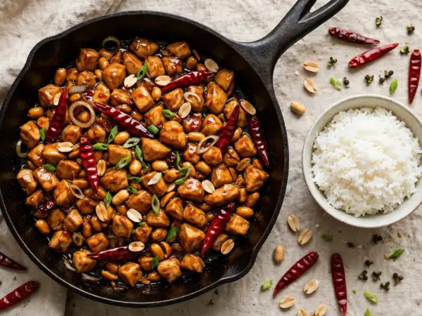Kung pao chicken with peanuts, dried red chilies, and scallions in a skillet, served with steamed rice.