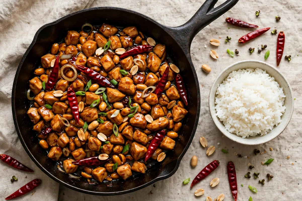 Kung pao chicken with peanuts, dried red chilies, and scallions in a skillet, served with steamed rice.