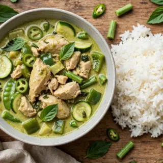 Thai green curry chicken with Thai basil, green chilies and vegetables in coconut curry, served with steamed jasmine rice.