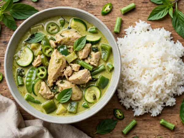 Thai green curry chicken with Thai basil, green chilies and vegetables in coconut curry, served with steamed jasmine rice.