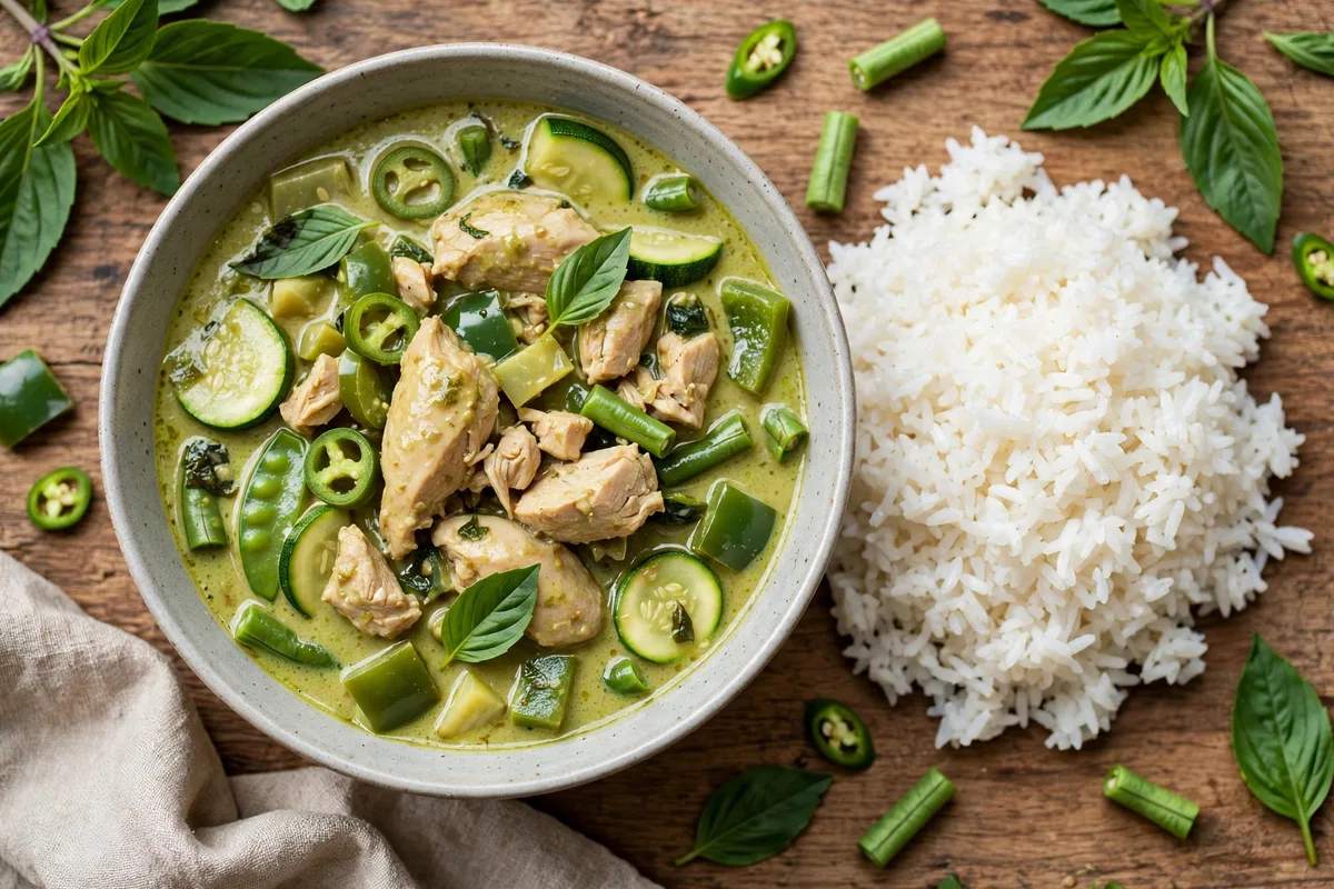 Thai green curry chicken with Thai basil, green chilies and vegetables in coconut curry, served with steamed jasmine rice.