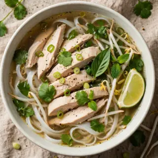 Vietnamese chicken pho with sliced chicken, rice noodles, fresh herbs and lime in a clear broth bowl.