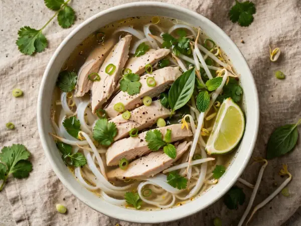 Vietnamese chicken pho with sliced chicken, rice noodles, fresh herbs and lime in a clear broth bowl.