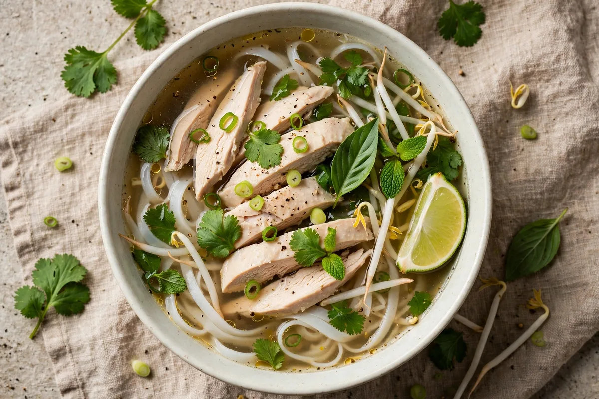 Vietnamese chicken pho with sliced chicken, rice noodles, fresh herbs and lime in a clear broth bowl.